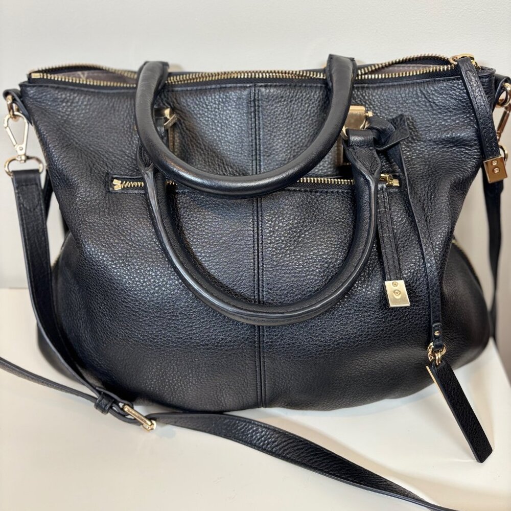 VINCE CAMUTO Rina Satchel Black Leather Expands Crossbody Purse Bag Gold Detail